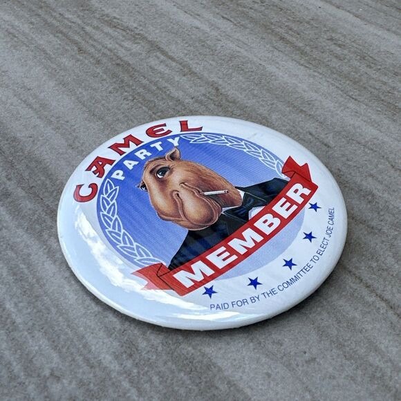 Vintage Camel Cigarette Button Pin Camel Party Member Elect Joe Camel Parody - Picture 2 of 5